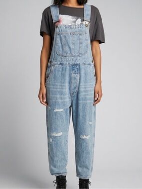 Free People x Sandrine Rose Distressed Denim Overalls Relaxed Fit Size M NWT